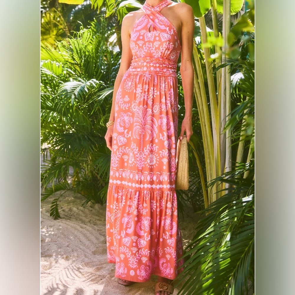 Lilly Pulitzer Coral Halter Maxi Dress with White Print